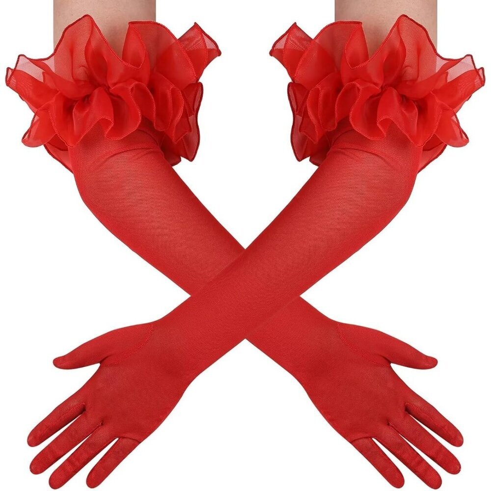 Women's Long Red Ruffle Puff Cuff Sleeve Mesh Gloves Wedding Party Costume
